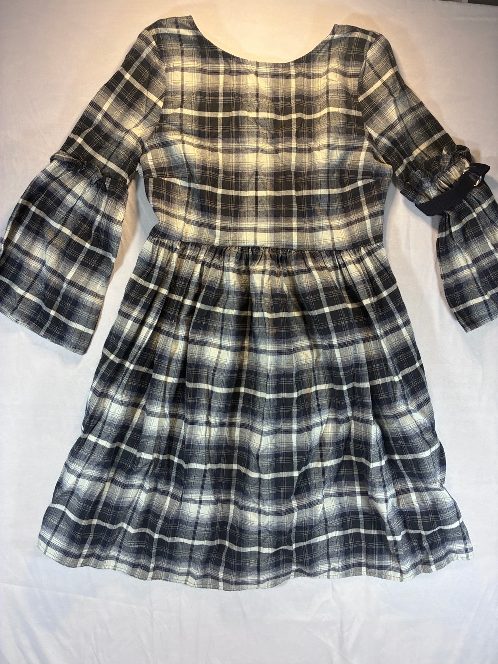 ASOS Black & White Plaid Bell-Sleeve Mini Dress Open Back O Ring